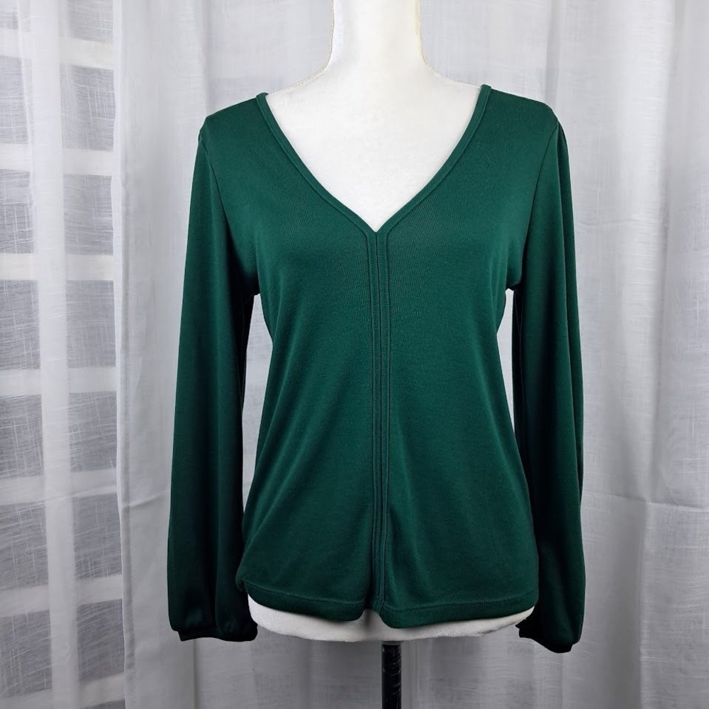 J.Crew Womens M Forest Green V-Neck Ribbed Knit Top Gathered Sleeve Preppy